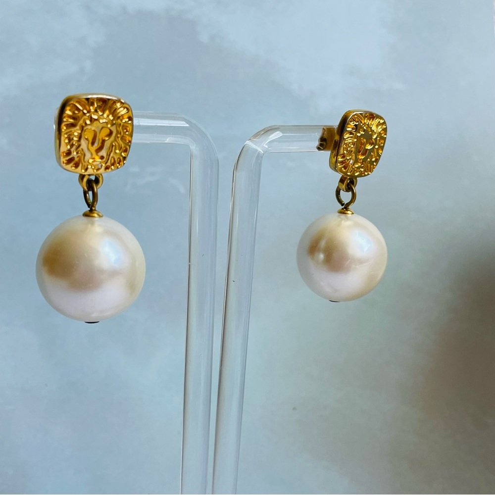 Anne Klein Lion Head Faux Pearl Drop Pierced Earrings - Classic Women's Jewelry